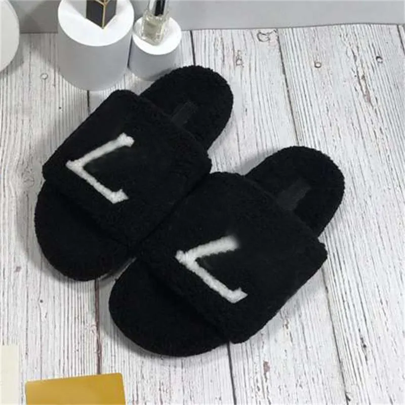 Designer Wool Slippers Women Fashion Pure Color Letter Print Flat Soled Slides Sandals Winter Home Necessary Ful Fluffy Warm Comfortable Platform Shoes 35-42 Box