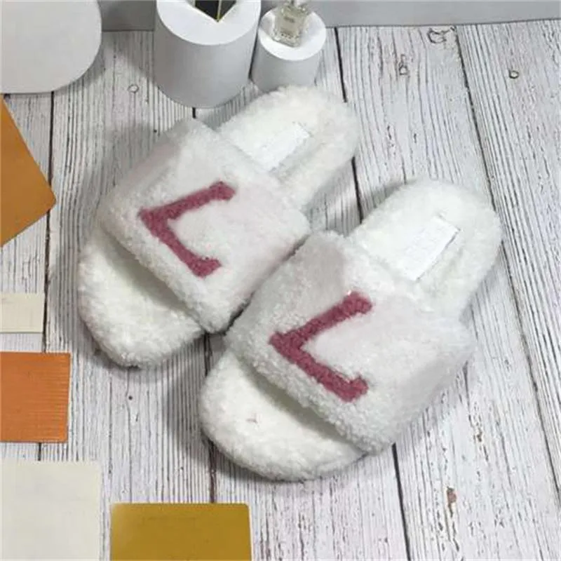 Designer Wool Slippers Women Fashion Pure Color Letter Print Flat Soled Slides Sandals Winter Home Necessary Ful Fluffy Warm Comfortable Platform Shoes 35-42 Box