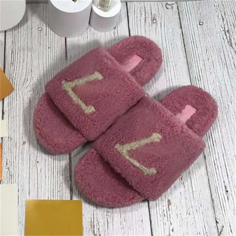 Designer Wool Slippers Women Fashion Pure Color Letter Print Flat Soled Slides Sandals Winter Home Necessary Ful Fluffy Warm Comfortable Platform Shoes 35-42 Box